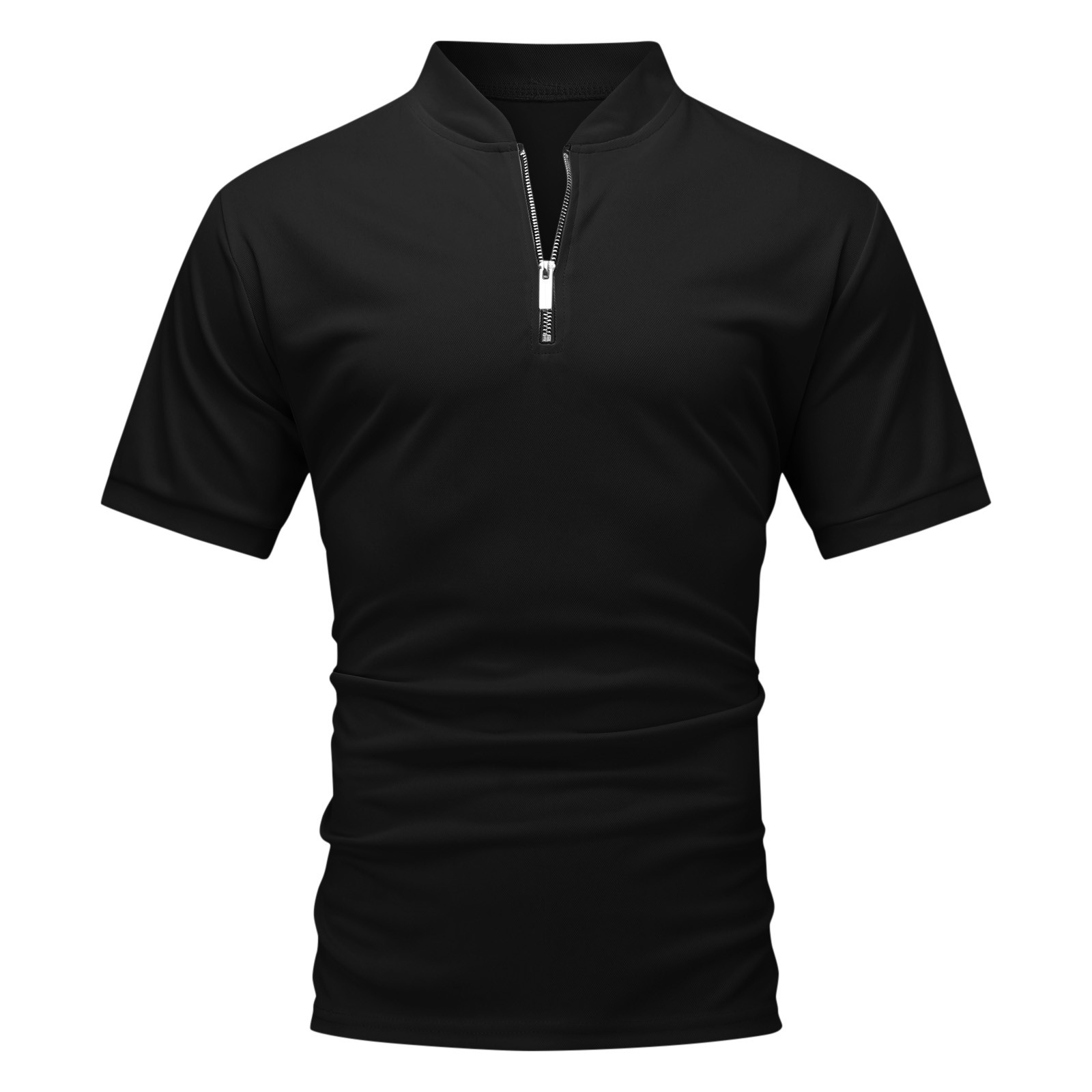 thumbnail image 4 of Blusa de manga corta con cuello alto y cremallera para hombre - Camisa informal de poliéster liso - Oficina/cita/fiesta de verano, 4 of 5
